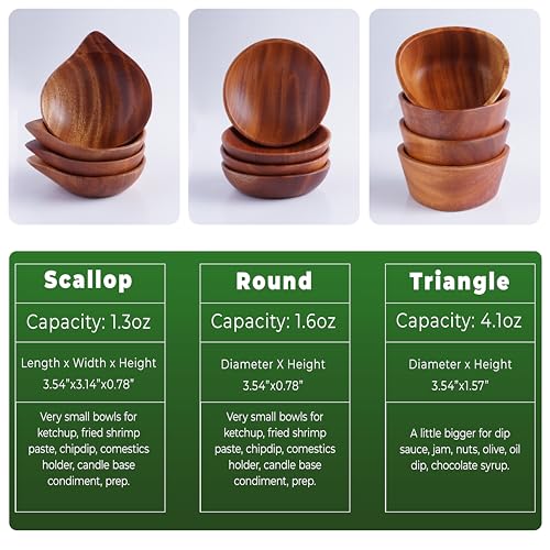 VieWood Mini Wooden Bowl Set of 4 (3.5 x 3.1 x 0.78 inch) for Condiments, Dip Sauce, Ketchup, Small Wood Bowl for Jam, little Prep, Olive (Scallop)