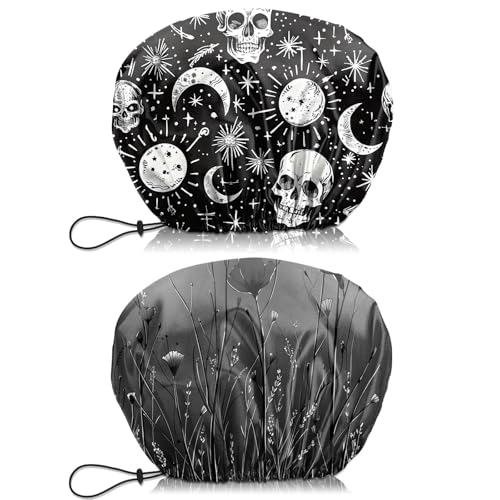 2 PCS Shower Cap Waterproof Double Layer Elastic Adjustable Reusable Hair Bath Caps for Girls Women Cute Aesthetic-Black Grey - color: G17-Black Grey