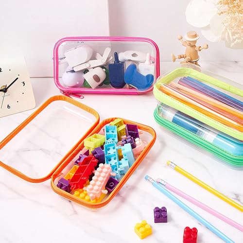 Hoolerry 4 Pcs Hard Clear Zipper Case Makeup Bags Plastic Zipper Pouch Transparent Storage Box Containers for Cosmetics, Snacks, Building Blocks, Puzzles(Clear,7.5 x 3.9 x 2 in,Fluorescent) - color: Fluorescent, size: 7.5 x 3.9 x 2 in
