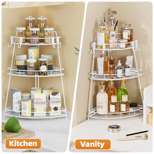VITVITI 3 Tier Corner Bathroom Counter Organizer, Metal Bathroom Countertop Organizer Shelf Storage, Bath Room Sink Makeup Organizers for Vanity Skincare with Hooks, White - color: 3 Tier White