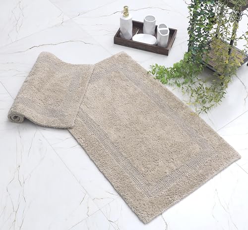 WOVEN ST. Reversible Tufted Bath Rugs | Area Rugs for Spa, Vanity Shower, Bathrooms, Kitchen, Bedroom | Water Absorbent Linens | 100% Cotton | Pack of 2 | 17’’ x 24’’ & 21’’ x 34’’ Inches | Taupe - color: Taupe, size: 17" x 24" (Rectangular) + 21" x 34" (