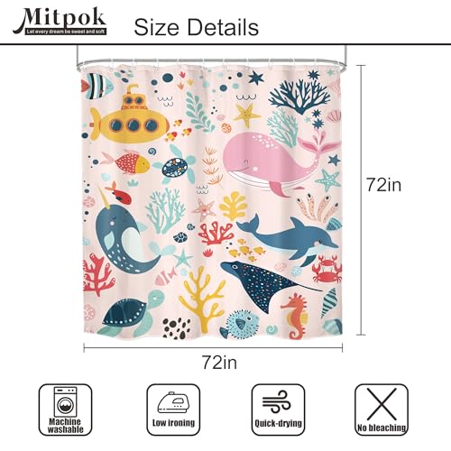 4 PCS Pink Kids Bathroom Set Summer Ocean 72Wx72H Shower Curtain Set Bath Rug Toilet Lid Cover, Nonslip U Shape Mat Whale Funny Cartoon Cute Animal Accessories 12 Hooks Bathroom Decor - color: A 03 Pink, size: 72"W x 72"L (Pack of 4)