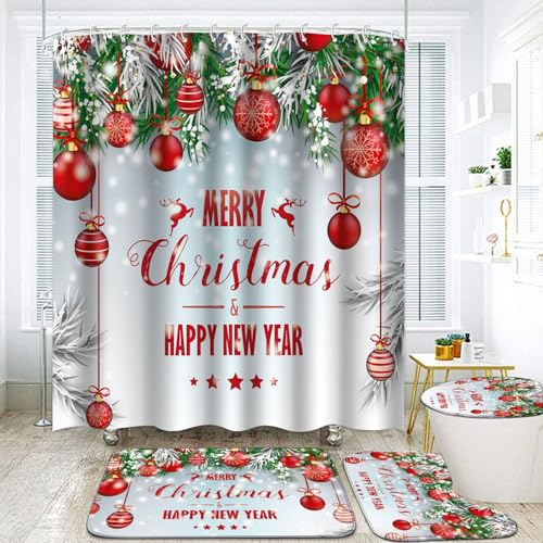 Merry Christmas Shower Curtain Bathroom Sets 4 Pieces, Red Lantern Shower Curtain with Toilet Lid Cover and Rugs, Waterproof Happy New Year Xmas Curtain for Bath Toilet Restroom Home Decorations - color: Merry Christmas