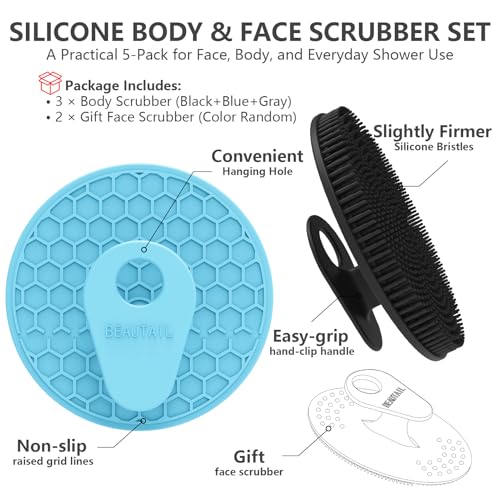 Silicone Body and Face Scrubber Set 5 Pack, BEAUTAIL Shower Bath Scrubber, Gentle Exfoliating Brush for Women Men Sensitive Skin, More Hygienic Than Traditional Loofah, Long Lasting, Black+Blue+Gray - color: Black+blue+gray