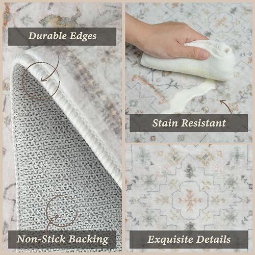 JTJ 3 Piece Kitchen Rug Set with Runner, Vintage Distressed Washable Kitchen Mats, Non Slip Low Pile Floor Rugs for Sink Area, Farmhouse Entryway, Laundry Room & Hallway, Light Grey Beige - color: Light Gray / Sage