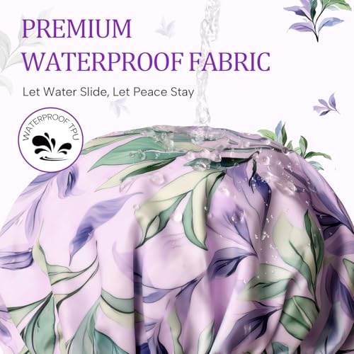 Years calm Shower Caps for Women Reusable Waterproof – Double Layer Elastic Cap with Tropical Botanical Print Shower Cap for Shower, Spa, Travel, Bath & Daily Hair Protection - color: Purple