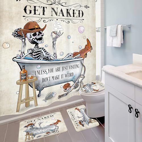 4 PCS Funny Skull Skeleton Shower Curtain Set 72Wx72H Halloween Bathroom Set Western Non-Slip Bath Rug Toilet Lid Cover U Shape Mat Complete Bathtub Accessories with 12 Hooks Bathroom Decor - color: A 02skeleton, size: 72"W x 72"L (Pack of 4)