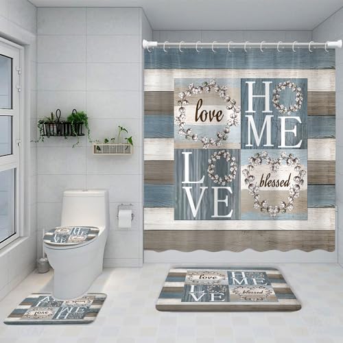 4PCS Rustic Floral Flower Sweet Love Home Fabric Shower Curtain Set, with Non-Slip Rugs, Toilet Lid Cover and Bath Mat Farmhouse Country Vintage Wood Plank Cotton Bathroom Decor Waterproof 72x72 - color: Home