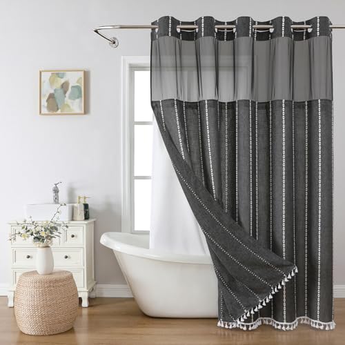 eachope Boho Farmhouse No Hook Shower Curtain Set with Snap-in Fabric Liner,Heavy-Duty Linen Textured Rustic Striped Design,Water-Repellent with Tassels and Sheer Window,Charcoal Grey,71x74 - color: Charcoal Grey, size: 71"W x 74"L (Pack of 1)