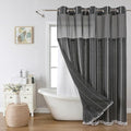 eachope Boho Farmhouse No Hook Shower Curtain Set with Snap-in Fabric Liner,Heavy-Duty Linen Textured Rustic Striped Design,Water-Repellent with Tassels and Sheer Window,Charcoal Grey,71x74 - color: Charcoal Grey, size: 71"W x 74"L (Pack of 1)