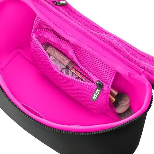KUSSHI Neoprene Train Case Makeup Bag - Washable Makeup Travel Bag & Vanity Case for Stress Free Travel (Large, Black/Pink) - color: Black/Pink, size: Large