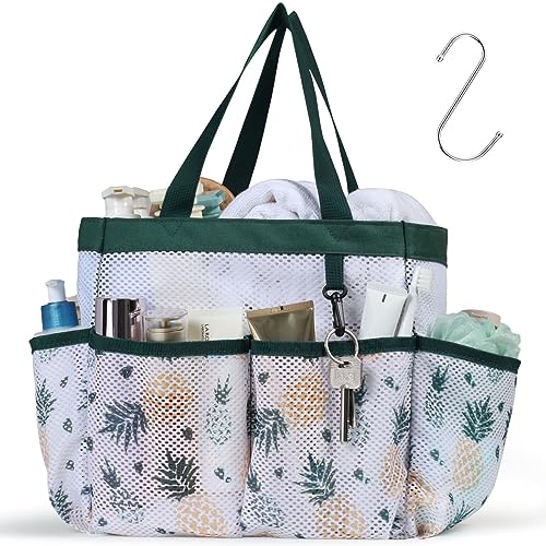 F-color Shower Caddy Portable - Mesh Shower Bag Basket Tote for College Dorm Room Essentials Bathroom Gym Camp Quick Dry for Women Men with S Hook, Green Pineapple | 2-Handle, Quick-Dry, Toiletry Organizer, College Dorm Room Essentials for Girls, Gym, Tra
