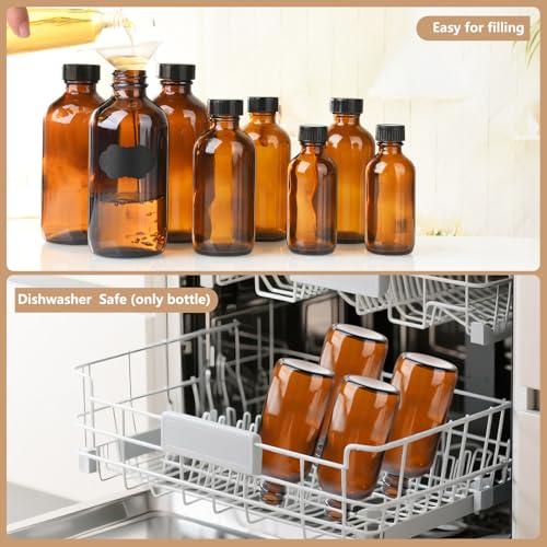 24 Pack 2 oz Amber Boston Glass Bottle With Black Poly Cap, Funnel, Dispensing Bottles for Homemade Vanilla Extract, Essential Oils, Wedding Christmas Decor - size: 2oz 24Pack