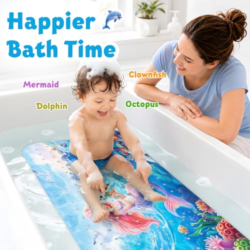 XIYUNTE Baby Bath Mat for Tub Non Slip Kids, BPA Free Extra Long Bathtub Mat 40x16 with Drain Holes and 200 Suction Cups, Non Toxic Machine Washable Toddler Bath Mat, Eco-Friendly Certified - color: Pink Mermaid