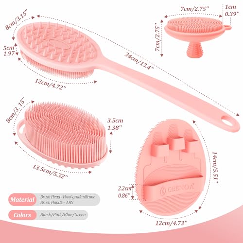 Silicone Back/Body/Face Scrubber & Soft Bath Glove Set 4PCS, Gentle Exfoliating Back & Body Scrubber with Dual-Side Brush Head, Hand-fit Bath Glove & Face Scrubber for Deep Cleaning(Pink-4PC) - color: Pink*4