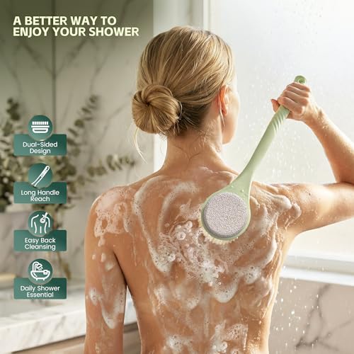 Back Scrubber for Shower, Long Handle Exfoliating Brush, Dual-Sided Bath Brush with Soft Bristles & Volcanic Pumice Stone, Anti-Slip Grip for Men & Women (Green) - color: Greenb