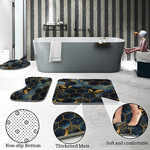 Poedist 4 Pcs Bathroom Shower Curtain Set,Bathroom Sets with Rugs(Bath Mat,U Shape and Toilet Lid Cover Mat) and 12 Hooks,Black and Blue Honeycomb Marble - color: Black Blue