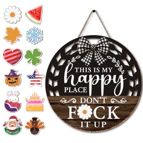Interchangeable Seasonal Happy Place Hanging Sign - Farmhouse Backyard Door Decoration for Spring All Seasons Holidays - Rustic Round Wood Wreaths with 12 Icons(Brown) - color: HAPPYbrown