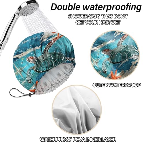 2 PCS Shower Cap Reusable Waterproof Double Layers Hair Caps Shower Bath Adjustable Elastic Hat for Women Girls Cute Aesthetic-Beach Sea Turtle - color: AI19-Beach Sea Turtle
