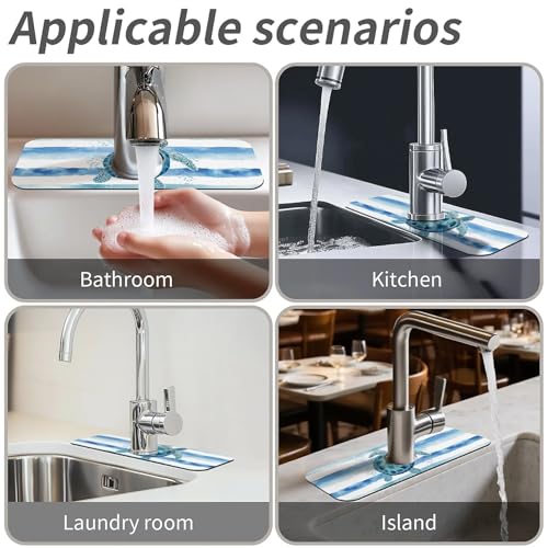 Kitchen Sink Splash Guard，Watercolor blue white turtle Faucet Mat Sink Gadgets-Super Absorbent Fast Drying Mat Drip Catcher for Kitchen, Bathroom,Sink Mat, Dish Drying Mat, Bathroom(15" X 5.5" )