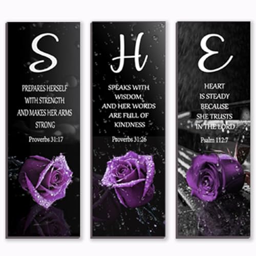 3 Pieces Purple Bedroom Decor Purple Rose Women Bedroom Wooden Purple Bathroom Inspirational Office Decor With SHE Religious Words For Women Kitchen Home(12x Inch) - color: Purple