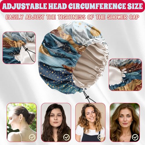 Luxury Shower Cap Satin Lined Reusable Waterproof Double Layer Elastic Adjustable Hair Bath Cap Cute Aesthetic Women Girls-Mountain - color: F18-Mountain