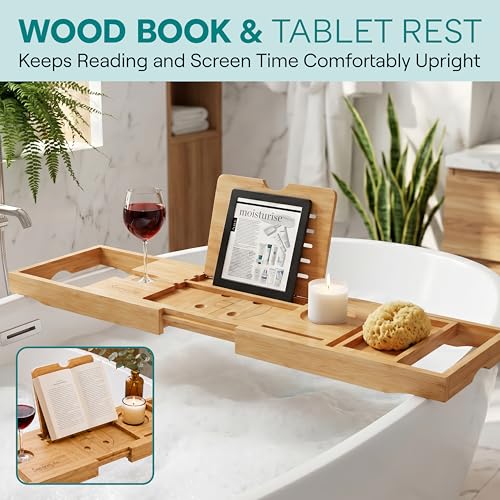 SereneLife 2 in 1 Bed and Bath Tray - Foldable Bamboo Bathtub Caddy with Adjustable Length, Non-Slip, Device Holder, Wine Glass Slot, Expandable for Comfortable Bathing, Natural, Folding Set - color: Natural, Folding