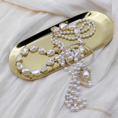 Dnyta Stainless Steel Decorative Tray, Decor Jewelry Dish, Rose Gold Bathroom Decor Makeup Serving Trays for Dresser, 9 x 3.7in Cosmetics Home Decor for Keys Watch Wallet Trinket (Oval, Gold) - style: Oval gold style (1pcs)
