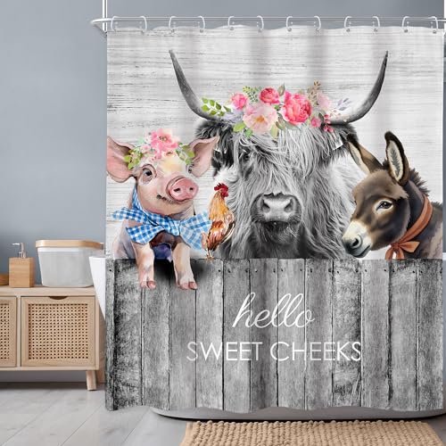 Newsely Highland Cow Farm Animals Shower Curtains for the Bathroom, Cute Cow Chicken and Pig with Flowers on Fence Bathroom Set, Western Farmhouse Rustic Funny Waterproof Bath Accessories 60Wx72H Inch - color: A-02cow, size: 60"W x 72"L (Pack of 1)