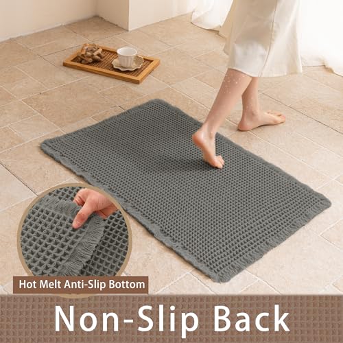 Waffle Bath Mat Non Slip, Boho Bathroom Rug, Super Absorbent Quick Dry Bathroom Mat, Soft Farmhouse Bath Rug with Tassels, Small Washable Shower Mats for Floor 20"x32", Dark Grey - color: Dark Grey, size: 1'8" x 2'8" (Rectangular)