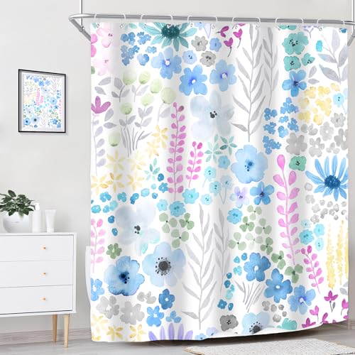 Riyidecor Blue Floral Shower Curtain for Bathroom Decor 60Wx72H Girls Kids Boho Cute Wildflower Watercolor Plant Leaves Botanical Art Printed Fabric Polyester Waterproof 12 Pack Plastic Hook - color: D-blue, size: 60"W x 72"L (Pack of 1)