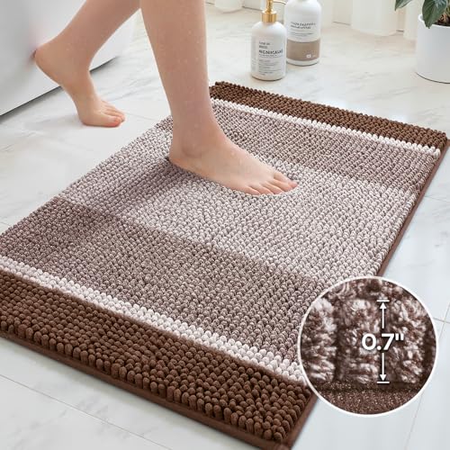 HOMEIDEAS Brown Bathroom Rugs Set, 2 Piece Thick Absorbent Fluffy Striped Chenille Bath Rugs, Non Slip, Soft Shaggy Bath Mats for Brown Bathroom Decor, 20" x 32" Plus 17" x 24" - color: Brown