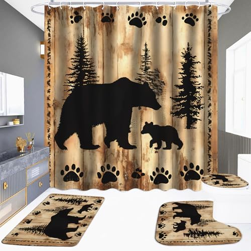 4 Pieces Rustic Bear Shower Curtain for Cabin Bathroom Forest Woodland Nursery Bear Shower Curtain Set with Non-Slip Rugs Toilet Lid Cover and Bath Mat Farmhouse Shower Curtains Toilet Home Decoration - color: Rustic Bear