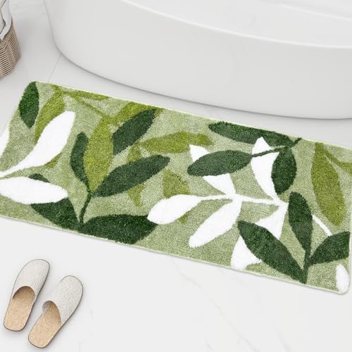 Long Bathroom Runner Rug- Sage Green Leaf Bath Mat Strong Water Absorbent Bathroom Mats with Non Slip Back for Wash Basin Bathtub Shower Bedroom Floor 17.5 x 47 in - color: Leaves Sage, size: 1'6" x 3'11" (Rectangular)