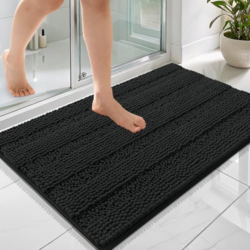 OLANLY Thick Bathroom Rugs 36x24, Extra Soft Absorbent Chenille Striped Bath Rugs, Rubber Backing, Machine Wash Dry, Bath Mats for Bathroom Floor, Tub and Shower, Home Decor Accessories, Black - color: Black, size: 36" X 24"