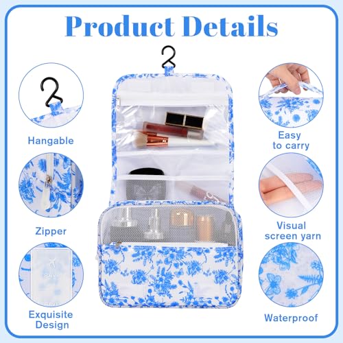 Pengxiaomei Hanging Toiletry Bag, Blue Vintage Floral Waterproof Cosmetic Bag Portable Makeup Pouch Travel Wash Bag with Handle for Teen Girls Camping Tea Party - color: blue&white