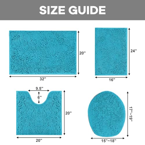 RUN HELIX Teal Bathroom Rug Set - 4 Piece with Toilet Lid Cover, Non Slip Mats, Extra Soft Chenille, Absorbent Shaggy, Perfect Plush U-Shaped Toilet Rug - color: Teal Blue, size: 1'8" x 2'8" (Square + oval + U-shape)