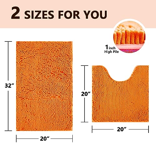 BOANKODU Bath Mat Sets 2 Piece, Soft Chenille Absorbent Non-Slip Mat, 32x20 U Shape + 20x20 Inch; Machine Washable (Orange) - color: Orange, size: 20" x 32" + 20" x 20" (U-Shape)