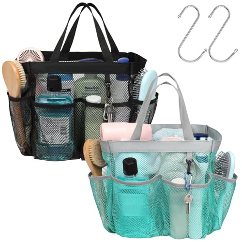 Mesh Shower Caddy Portable - 2 Packs, S-Hook, Shower Bag for Dorm Camping | 8 Pockets, 2-Handle, Quick-Dry, Hanging College Dorm Room Essentials for Girls, Gym, Travel & Bathroom, Black & Mint Green - color: 2 Pack, Black & Mint Green, size: L (Classic Do