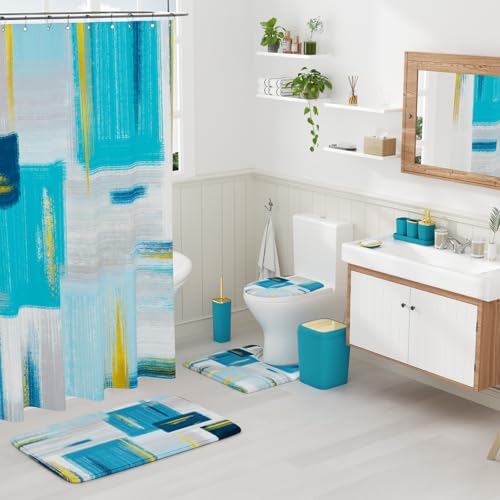 XLHOMO Bathroom Accessories Set - 25PC Bathroom Set with Shower Curtain and Rugs, Teal Blue Bathroom Set, Bathroom Accessory Set with Press-on Lid Trash Can, Soap Dispenser and Qtip Holders - color: Teal Blue & Gold, size: Plaid Complete Set + Bath Rugs