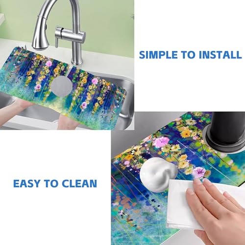 Abstract Watercolor Floral Kitchen Sink Splash Guard Mat Absorbent Fast Drying Mat Faucet Draining Mat Sink Splash Guard Behind Faucet Drip Catcher for Kitchen Bathroom 5.5"×15" - size: 5.5" x 15"