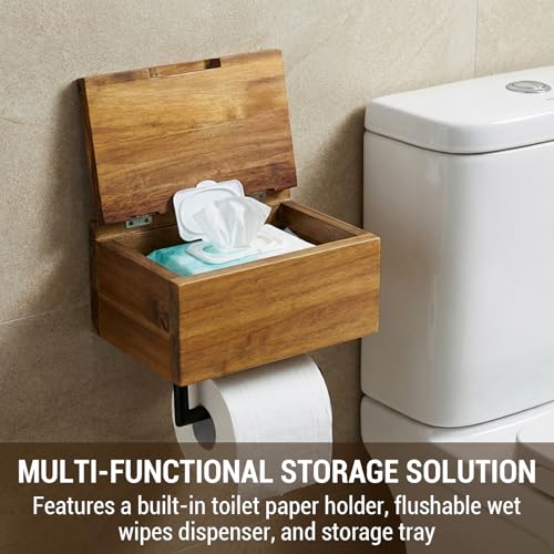 MyGift Mid-Century Modern Solid Acacia Wood Wall Mounted Toilet Paper Holder with Wet Wipes Dispenser and Storage Shelf Tray, Bathroom Organizer
