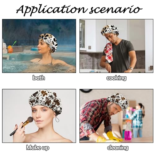 2 PCS Shower Cap Reusable Waterproof Adjustable Double Layer Elastic Dry Hair Bathing Caps Aesthetic Cute for Women Girls-Leaf Cowhide - color: H-17-Leaf Cowhide