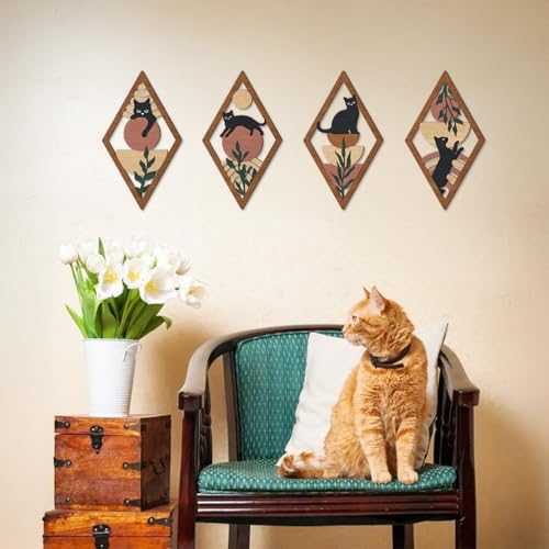 TOARTi 4Pcs Minimalist Boho Black Cat Wall Art Set Geometric Wooden Cat Wall Decor Bohemian Black Cats Hanging Sign Abstract Boho Cats Wood Sign for Bedroom Living Room Farmhouse Aesthetic Geometric Artwork - color: Boho Black Cat Wall Art