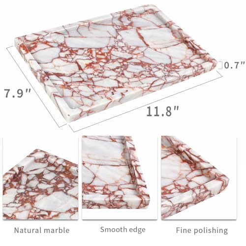 100% Natural Marble Serving Tray Luxury Marble Storage Tray for Home Decor Stone Tray for Bathroom/Kitchen/Vanity/Dresser,Plate Holder for Tissues, Candles, Towel - color: Marble Tray-calacatta Red
