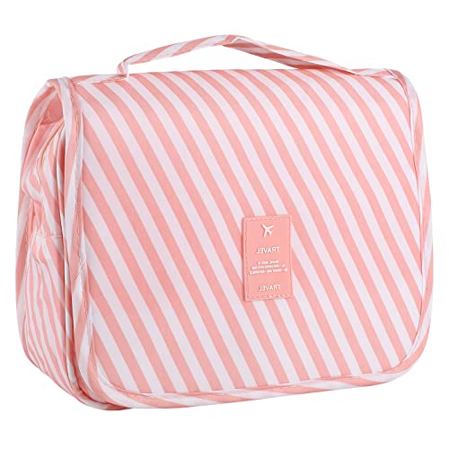 Pengxiaomei Hanging Toiletry Bag, Pink Striped Waterproof Cosmetic Bag Portable Makeup Pouch Pink Stripe Travel Bag with Handle for Kids Teen Girls Tea Party - color: Pink