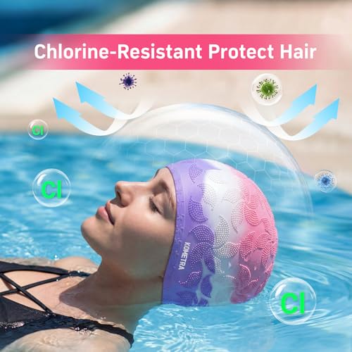 Women Swim Cap 2 Pack for Long Hair, Silicone Flower Adult Swimming Caps Waterproof for Girl Youth No Wet Hair - color: Pink & Purple