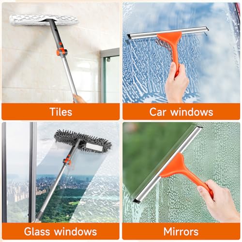 Chabatree Window Squeegee Cleaner Set 2-in-1 Window Cleaning Tool with Extendable Pole, Window Cleaning kit with Bendable Head for Indoor & Outdoor Glass for Car Indoor Outdoor High Windows（Kit1.0） - color: Grey Squeegee（with 2 Cleaning Cloth）