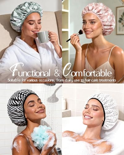 Yanibest Shower Cap for Women - Frizz Free Satin Lined Shower Cap Waterproof Large Double Layer Reusable with Soft Elastic Band for Braids Long Hair - color: Pink