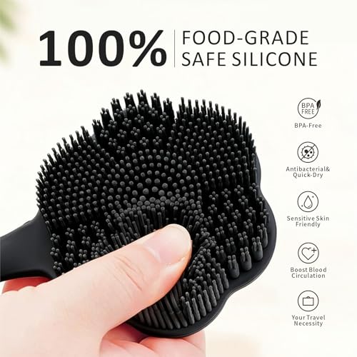 Back Scrubber & Face Scrubber Brush for Shower - 15 Inch Long Handle Double Sided Silicone Body Brush for Exfoliation & Massage, Soft Facial Cleansing Brush, Rich Lathering for Deep Cleansing (Black) - color: Black